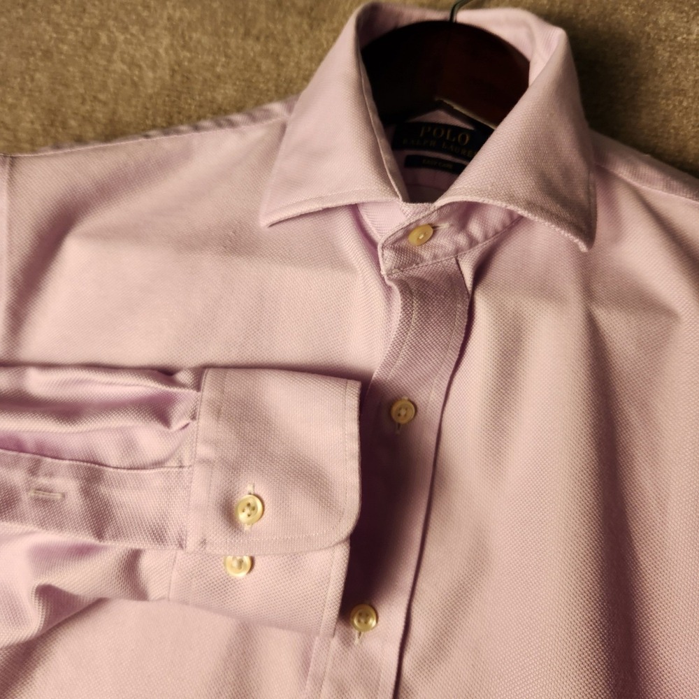 Polo Ralph Lauren Dress Shirt Mens 17 34/35 Purple Easy‎ Care Pique Long Sleeve